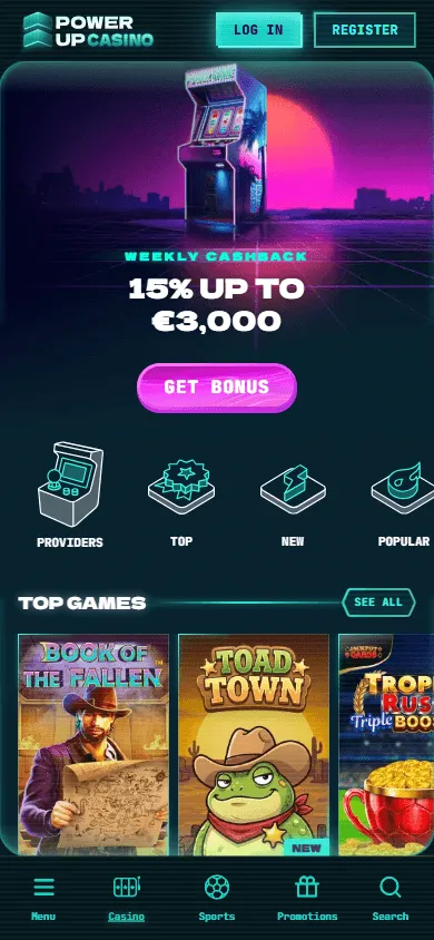 Powerup Casino mobile games lobby with slot filters and categories