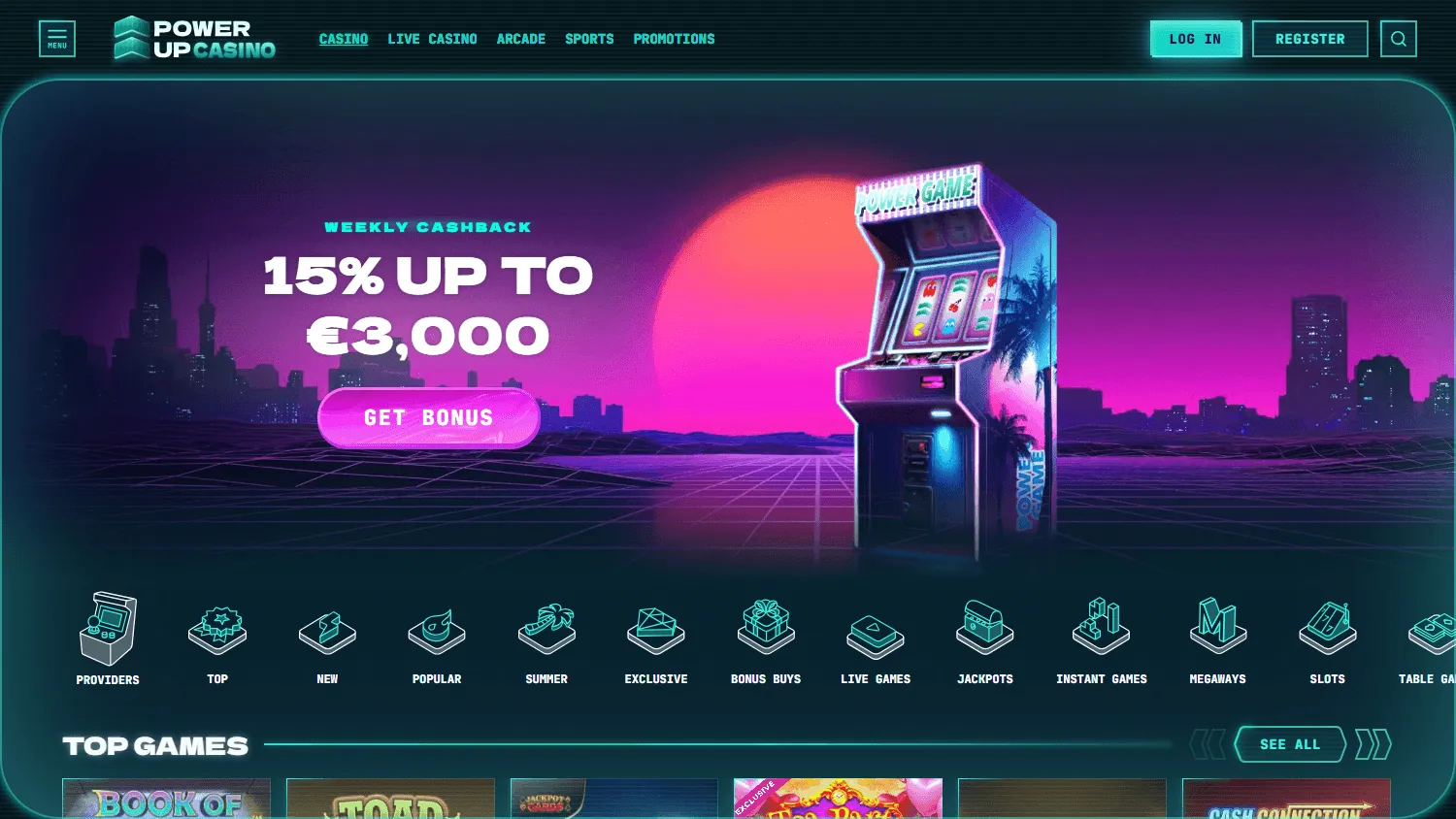 Powerup Casino desktop games lobby with pokies and casino categories