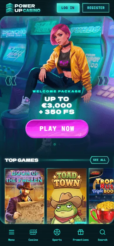 Powerup Casino mobile browser home screen with casino navigation