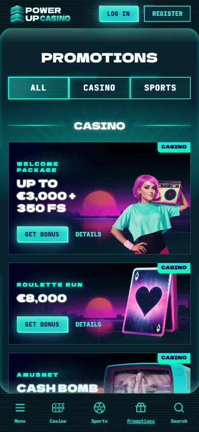 Powerup Casino mobile promotions area with bonus offers