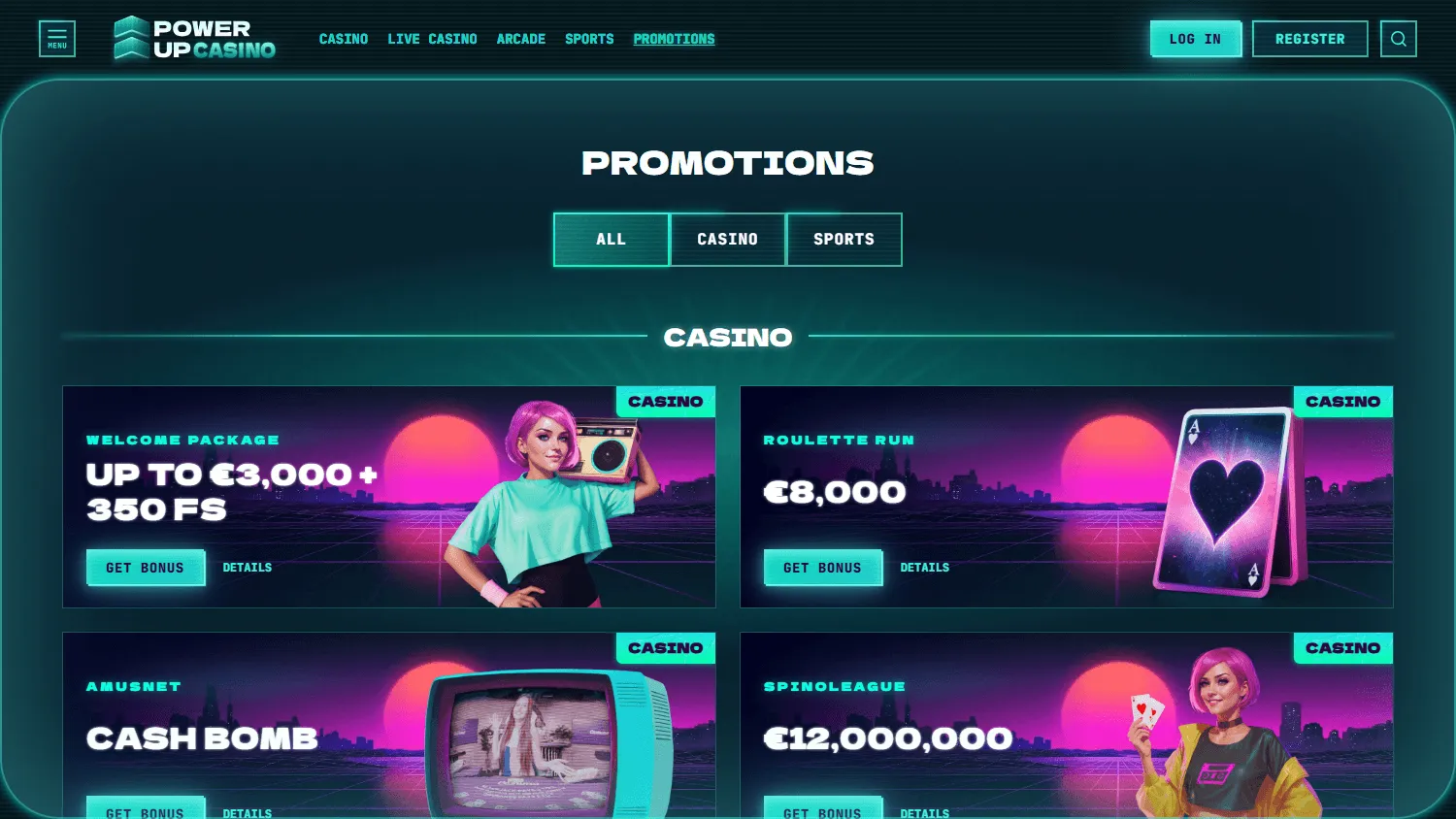 Powerup Casino desktop promotions area with welcome and reload offers