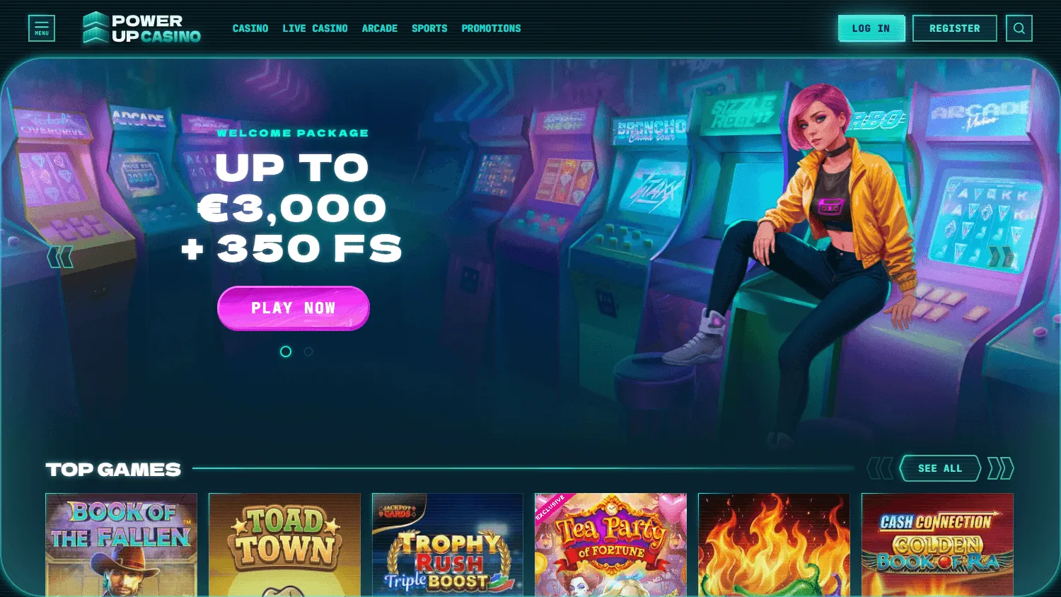 Powerup Casino desktop home screen with casino categories and account access
